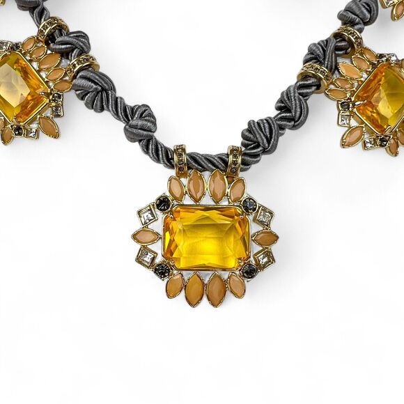 Ann Taylor Necklace Large Yellow Rhinestones Gray Twisted Satin Rope Gold Tone - Picture 4 of 10